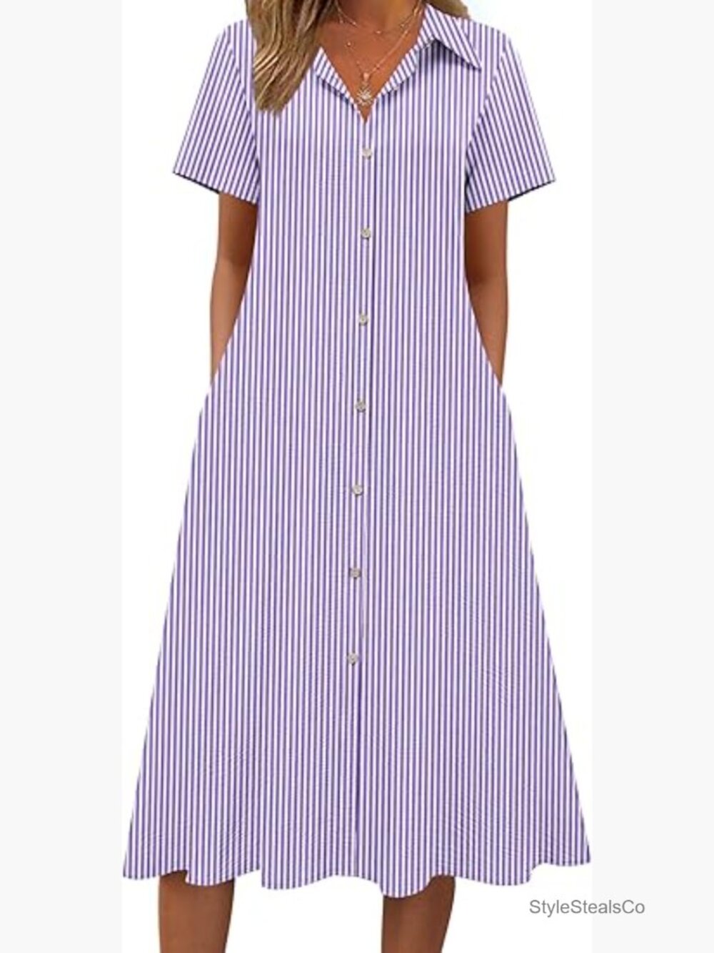 Summer Midi Button Down Shirt Dress A-Line Short Sleeve Beach Cover Up - Picture 1 of 7